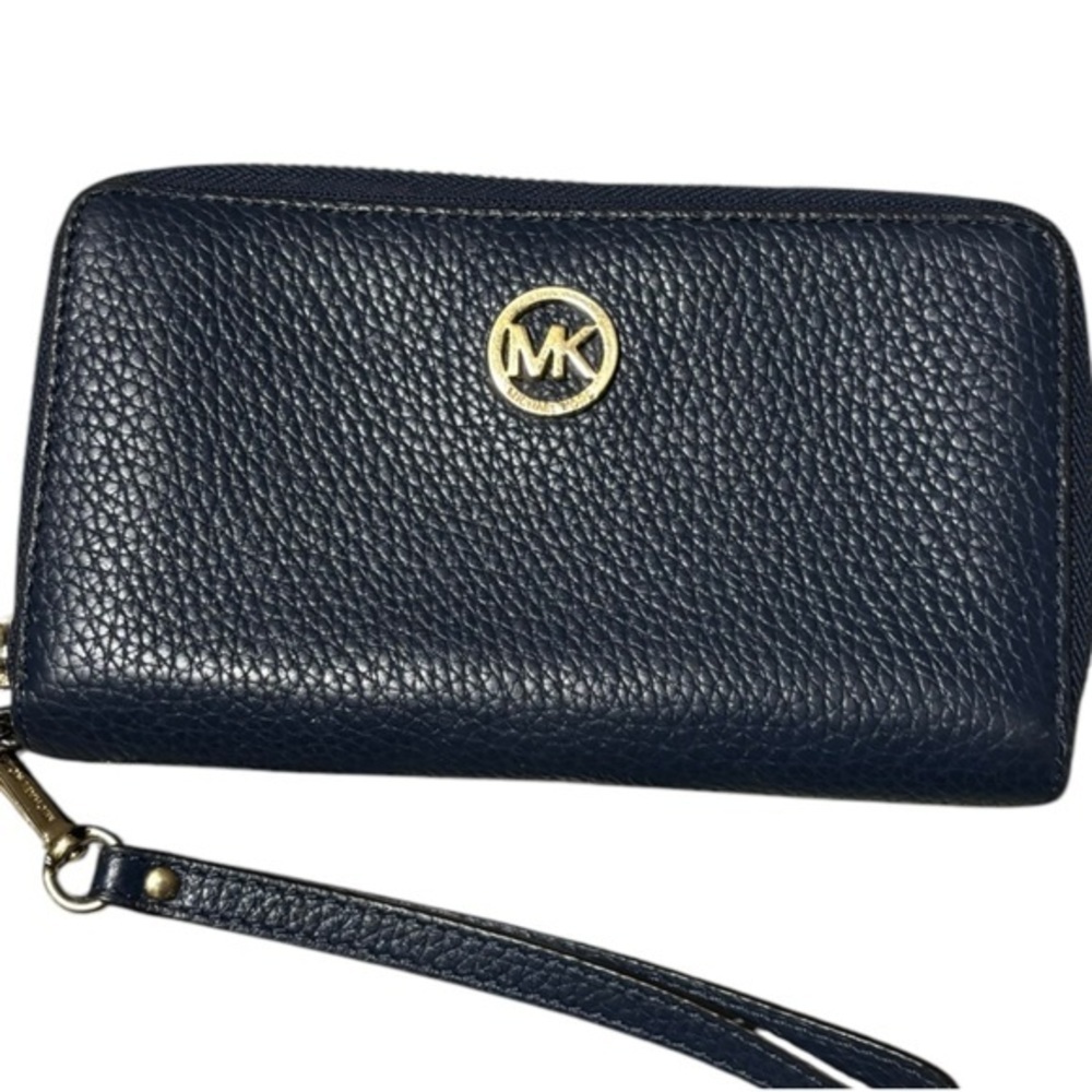 Michael Kors Navy Blue Leather Zip Around Wallet Rectangular Wristlet